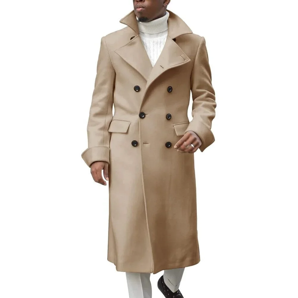 Men's Khaki Notch Lapel Double Breasted Long Trench Coat Cotton Blend Pea coat